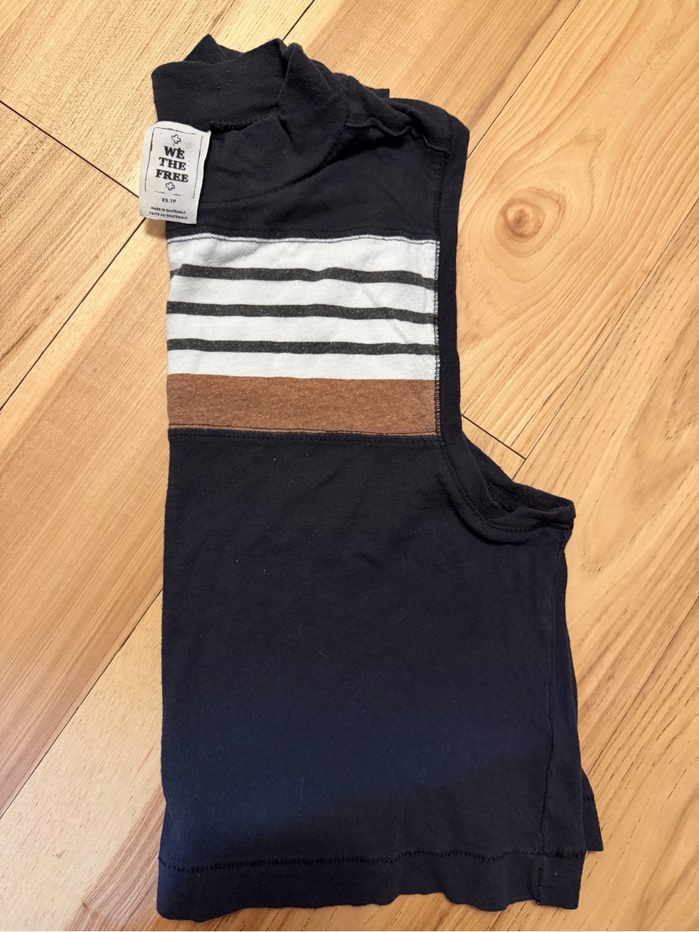 We The Free Black Tank Top with White Stripes and Brown Band